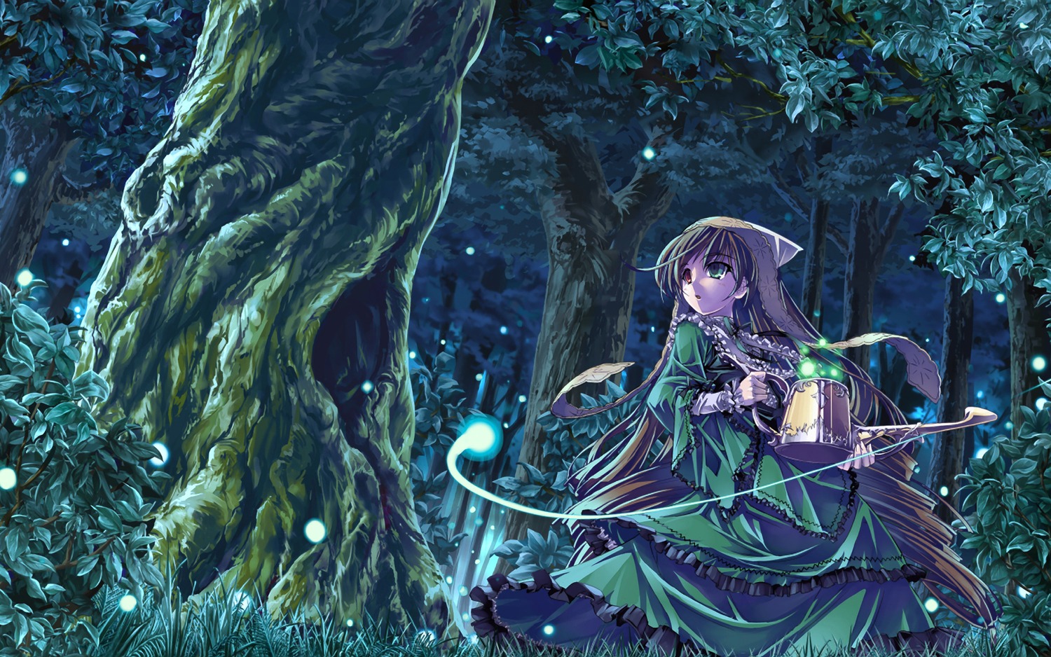 1girl auto_tagged dress flower forest green_dress green_eyes holding image long_hair monster_girl nature night solo suiseiseki tree wakasagihime