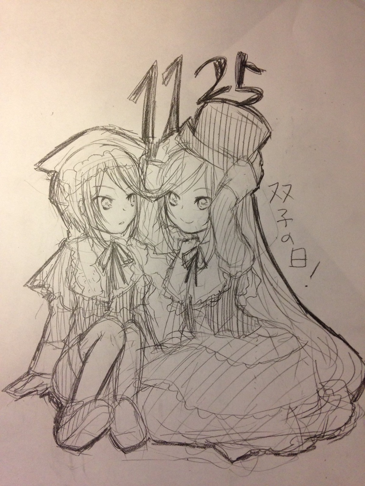 2girls blush capelet dress graphite_(medium) hat image long_hair long_sleeves monochrome multiple_girls pair ribbon short_hair sitting sketch smile souseiseki suiseiseki traditional_media