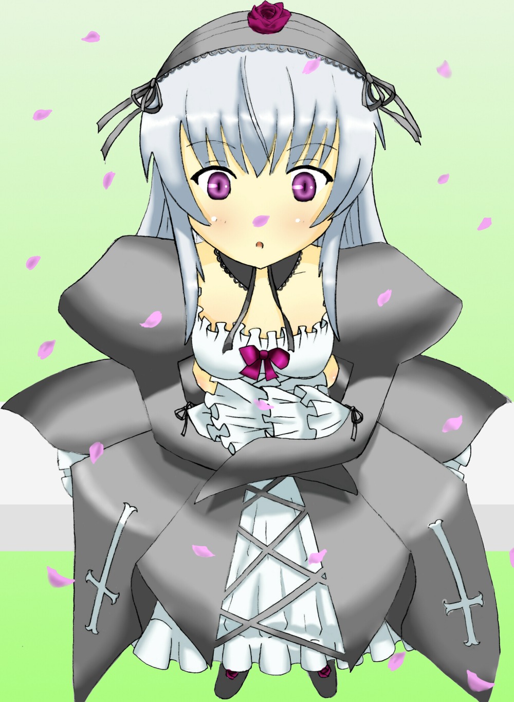 1girl :o auto_tagged black_dress blush dress flower frills gothic_lolita green_background hairband image lolita_fashion lolita_hairband long_hair long_sleeves looking_at_viewer petals purple_eyes rose rose_petals silver_hair sitting solo suigintou