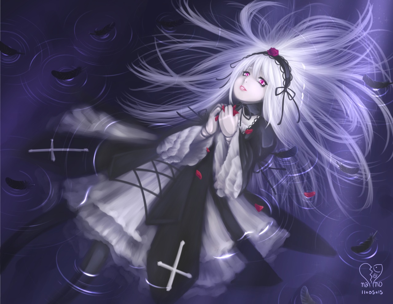 1girl afloat black_ribbon dress flower frills from_above hairband image long_hair looking_at_viewer lying partially_submerged petals reflection ribbon ripples rose signature silver_hair solo standing_on_liquid suigintou very_long_hair water