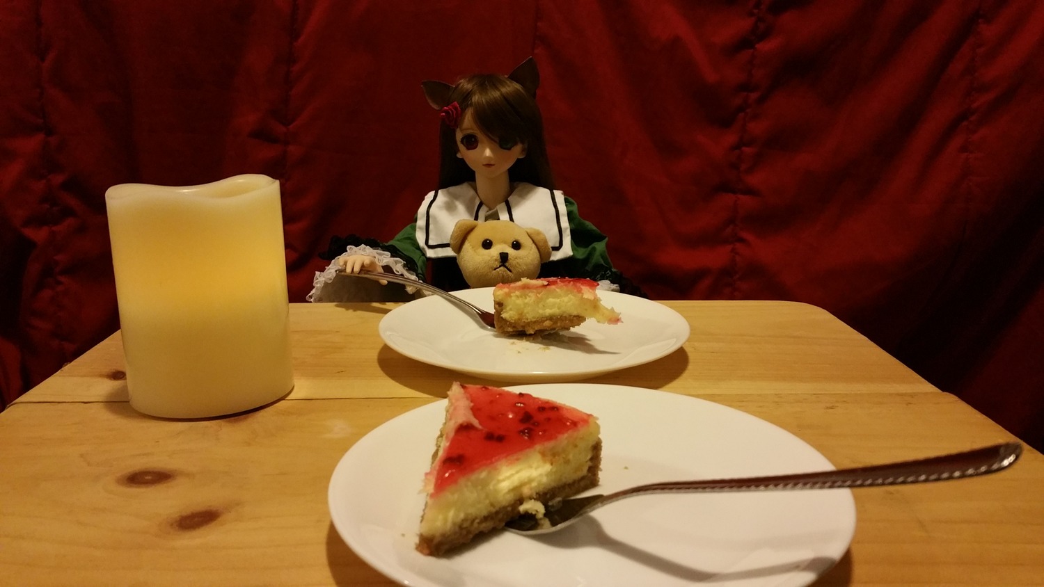 1girl animal_ears brown_hair cake doll food plate sitting solo suiseiseki table