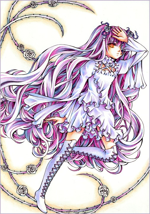 1girl boots cross-laced_footwear dress flower frills hair_ornament image kirakishou knee_boots long_hair long_sleeves pink_hair rose solo traditional_media very_long_hair white_flower white_footwear white_rose