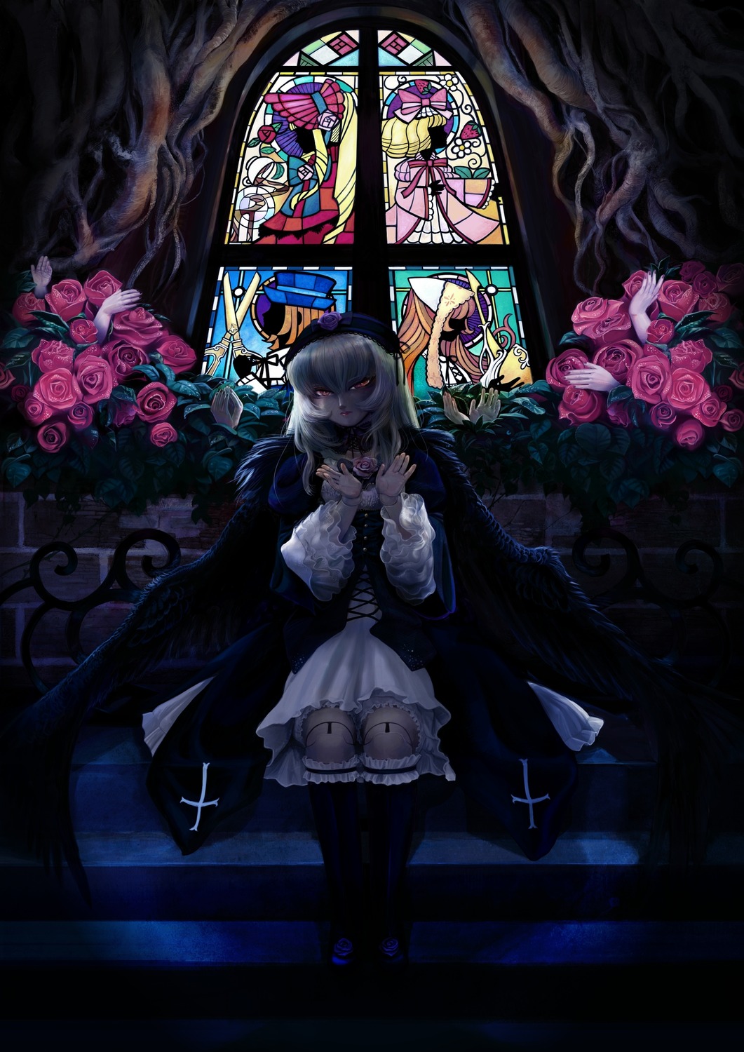 1girl flower gothic_lolita hat image pink_flower pink_rose red_eyes rose solo stained_glass suigintou