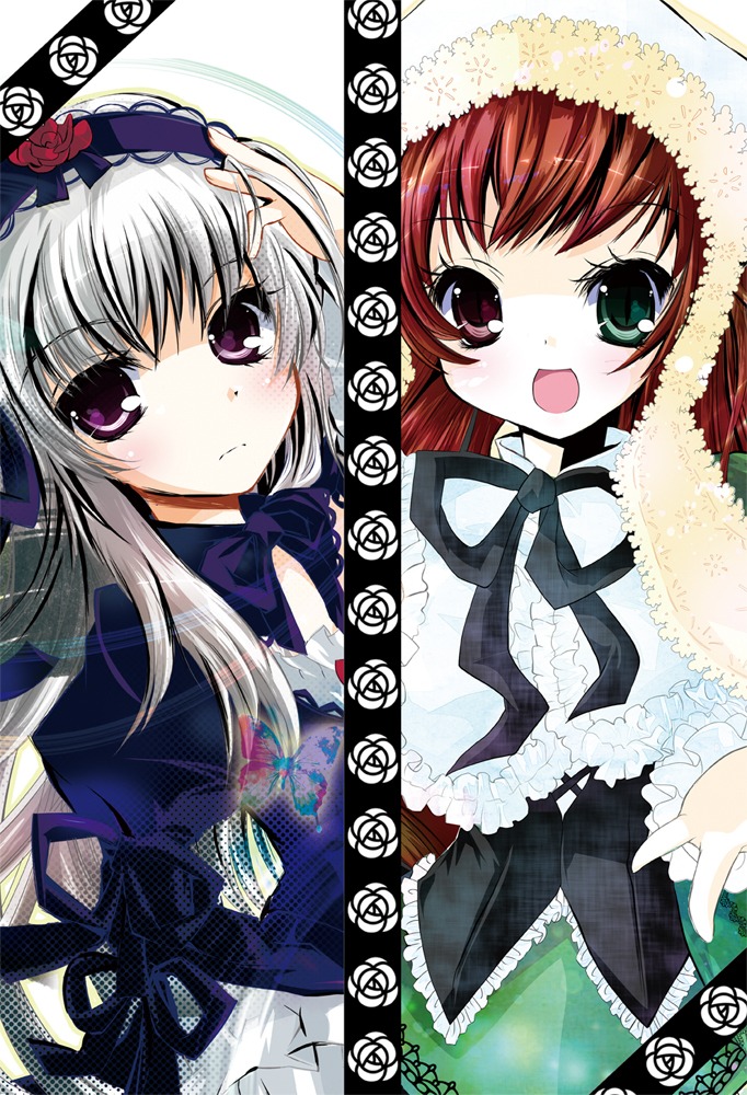 2girls blush dress flower frills green_eyes hairband image long_hair long_sleeves looking_at_viewer multiple_girls open_mouth pair purple_eyes red_eyes rose silver_hair smile suigintou suiseiseki