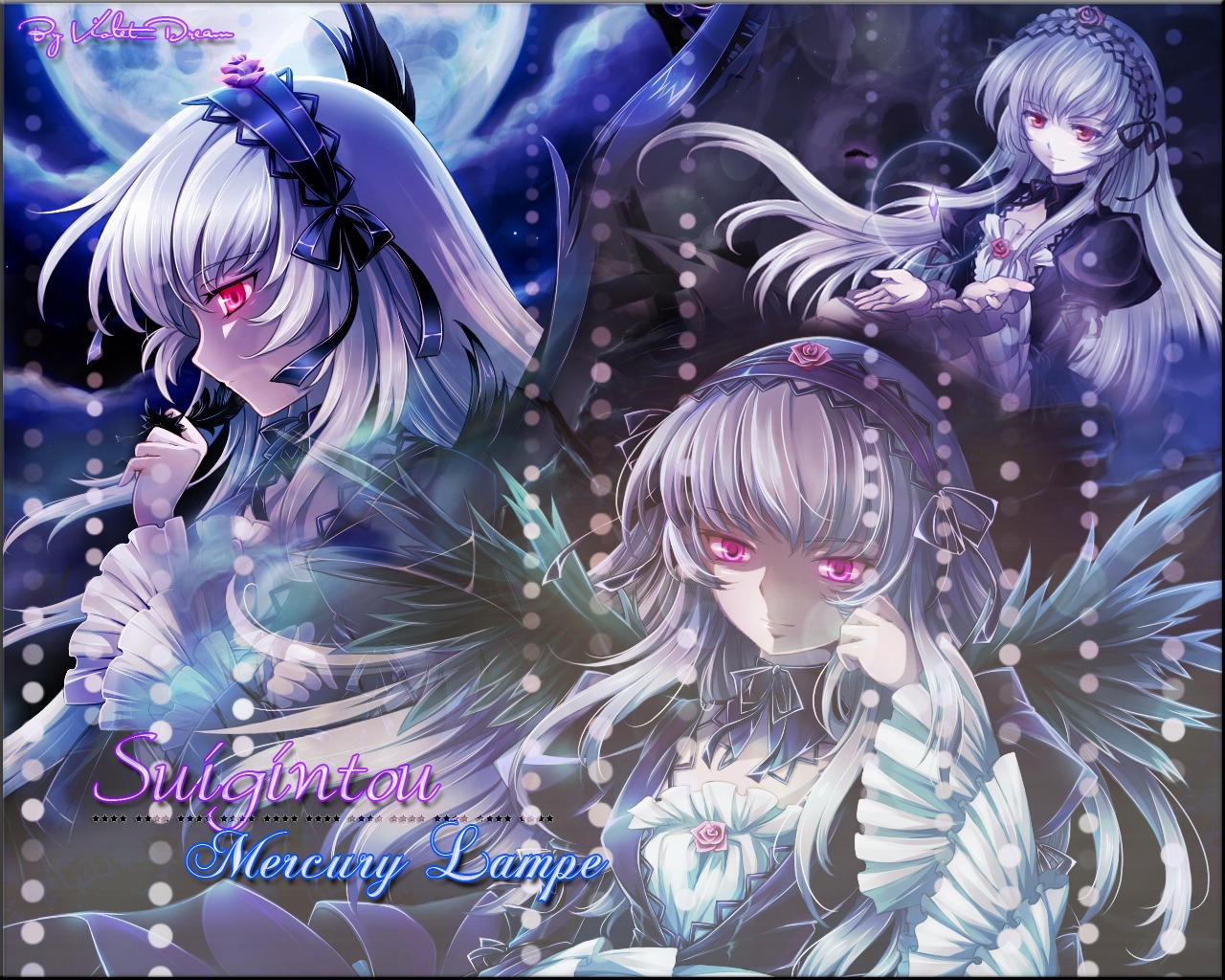1girl black_wings copyright_name dress feathers flower frills full_moon hairband image lolita_hairband long_hair long_sleeves looking_at_viewer moon red_eyes rose silver_hair solo suigintou wings