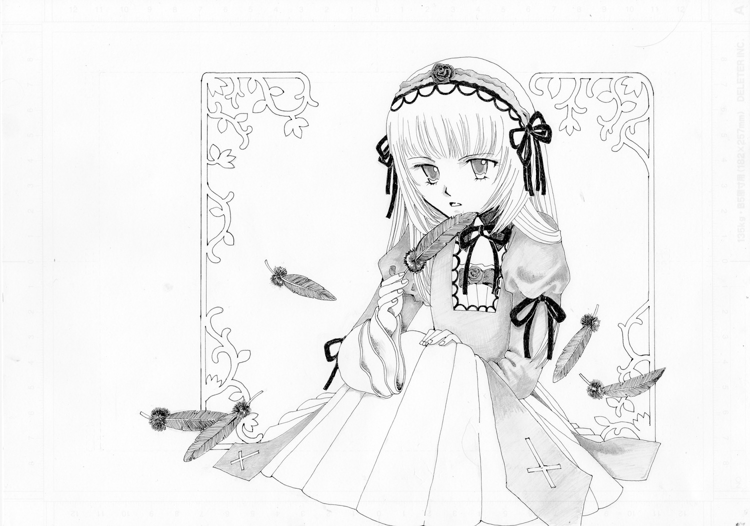 1girl auto_tagged bird bug butterfly dress flower frills greyscale hairband image insect lolita_hairband long_hair long_sleeves looking_at_viewer monochrome ribbon solo suigintou