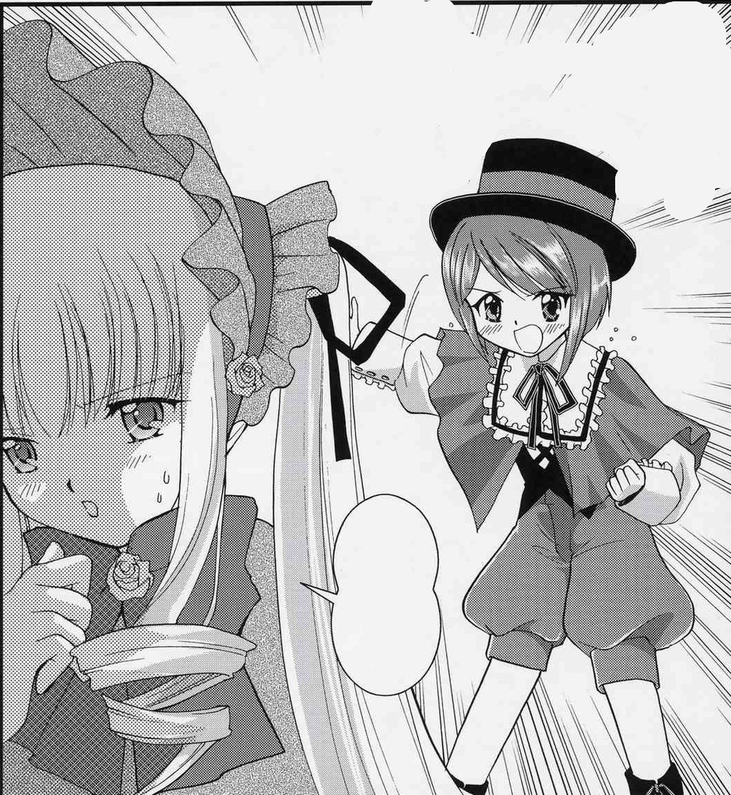 1boy blush bonnet bow capelet comic dress drill_hair flower frills greyscale hat image long_hair long_sleeves monochrome multiple_girls open_mouth pair rain rose shinku souseiseki top_hat