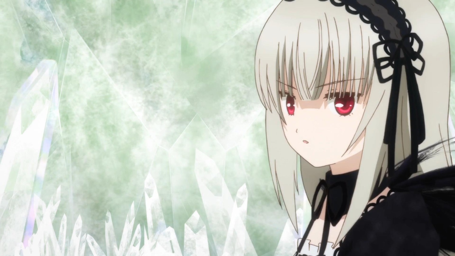 1girl bangs black_ribbon detached_collar dress eyebrows_visible_through_hair hairband image long_hair looking_at_viewer red_eyes ribbon silver_hair solo suigintou