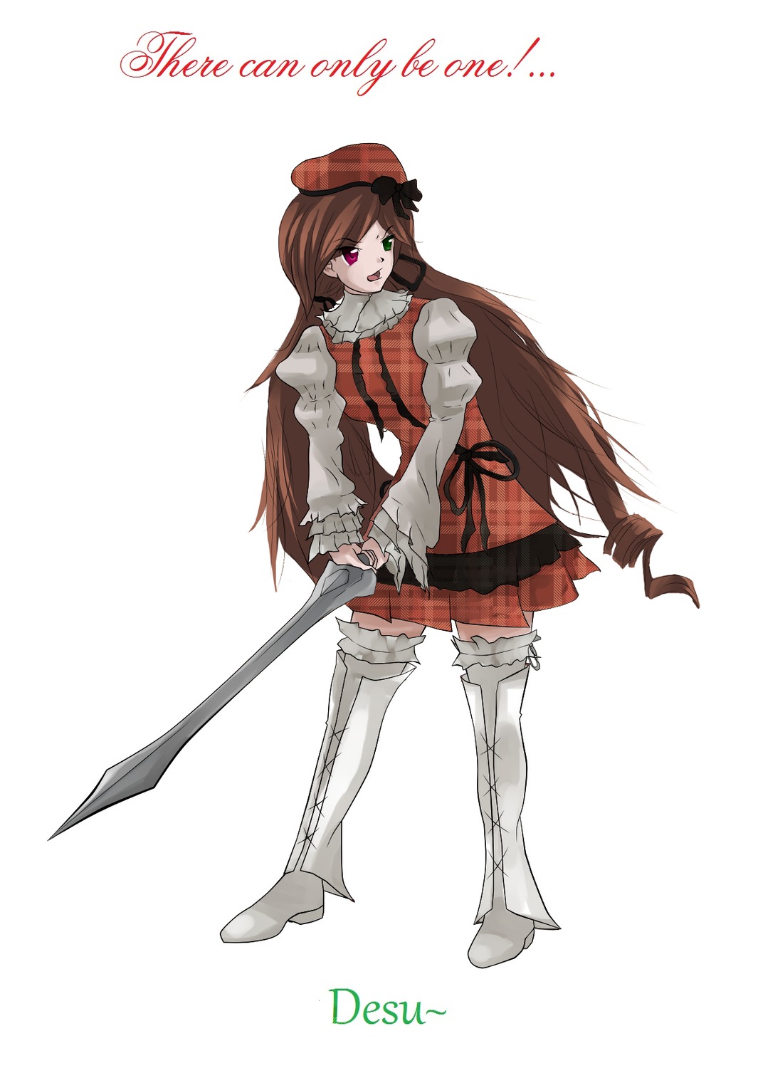 1girl artist_name boots brown_hair character_name dress full_body green_eyes hat heterochromia image long_hair long_sleeves open_mouth red_eyes smile solo suiseiseki sword thigh_boots thighhighs very_long_hair weapon