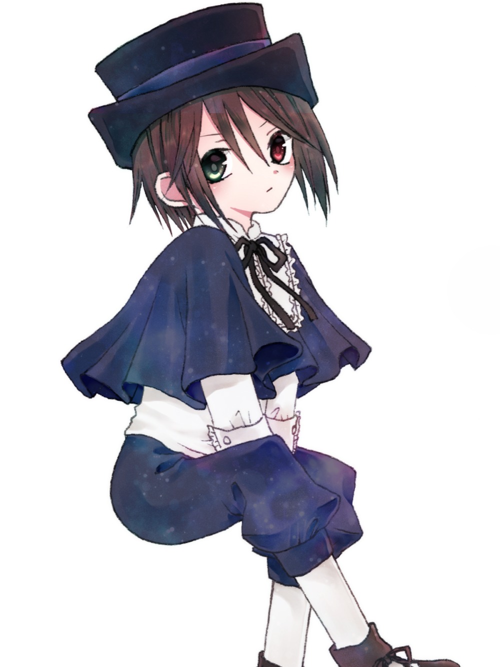 1girl brown_hair capelet full_body green_eyes hat heterochromia image long_sleeves looking_at_viewer pants red_eyes ribbon sitting solo souseiseki top_hat white_background white_legwear