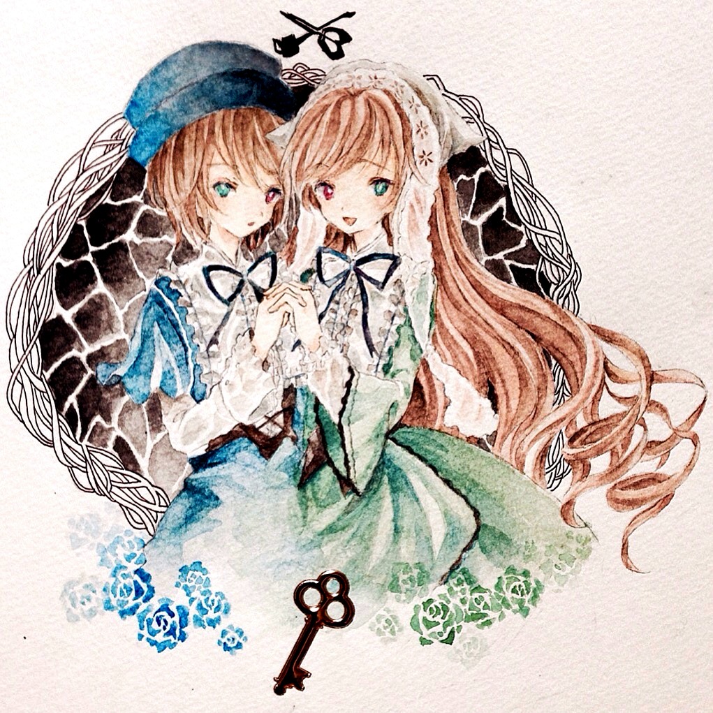 2girls brown_hair dress green_dress green_eyes hat head_scarf heterochromia holding_hands image interlocked_fingers long_hair long_sleeves looking_at_viewer multiple_girls open_mouth pair red_eyes ribbon short_hair siblings sisters smile souseiseki suiseiseki traditional_media twins very_long_hair watercolor_(medium)