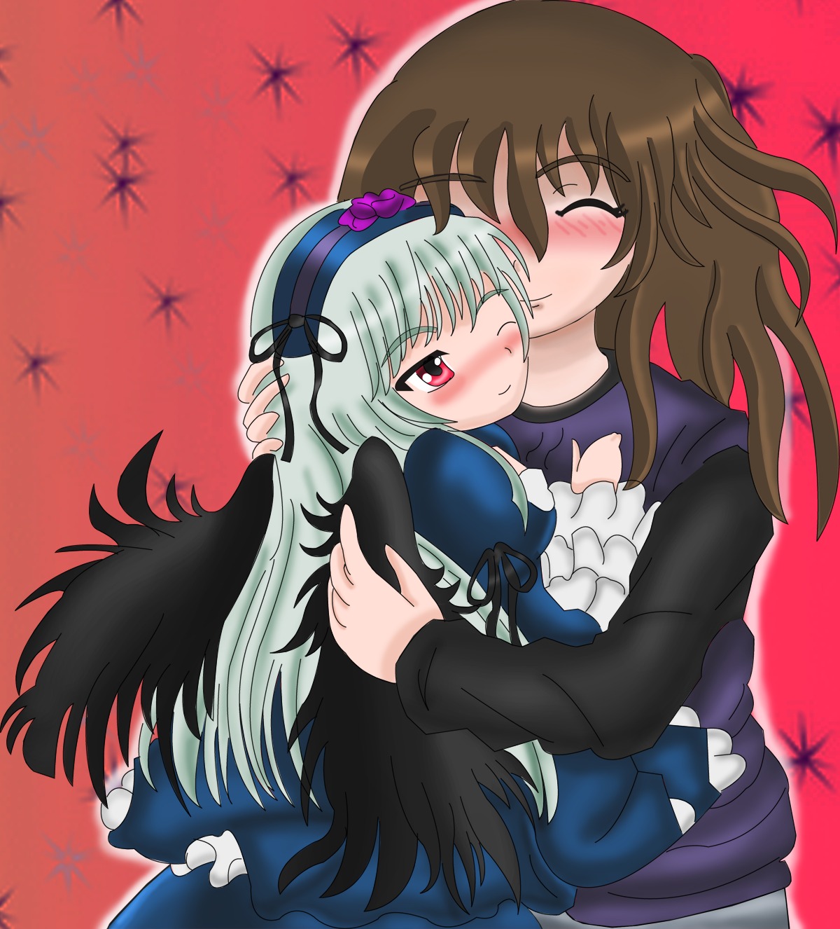 2girls autumn_leaves black_wings blush brown_hair closed_eyes dress frills hairband hug image kiss leaf long_hair maple_leaf multiple_girls one_eye_closed red_eyes smile solo suigintou wings yuri