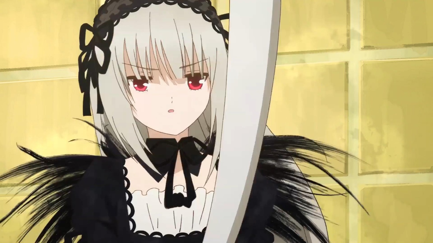 1girl bangs black_ribbon detached_collar dress eyebrows_visible_through_hair hairband image long_hair looking_at_viewer red_eyes ribbon silver_hair solo suigintou