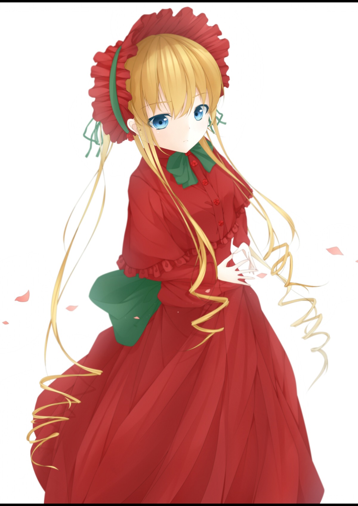 1girl blonde_hair blue_eyes bonnet bow bowtie capelet dress flower green_neckwear image long_hair long_sleeves looking_at_viewer petals shinku solo twintails