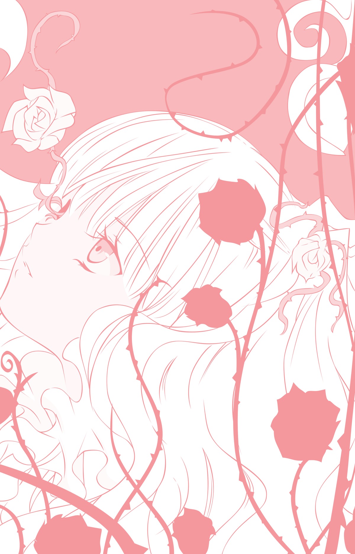 1girl bangs closed_mouth eyebrows_visible_through_hair face flower hair_flower hair_ornament image kirakishou long_hair looking_at_viewer monochrome profile rose solo spot_color