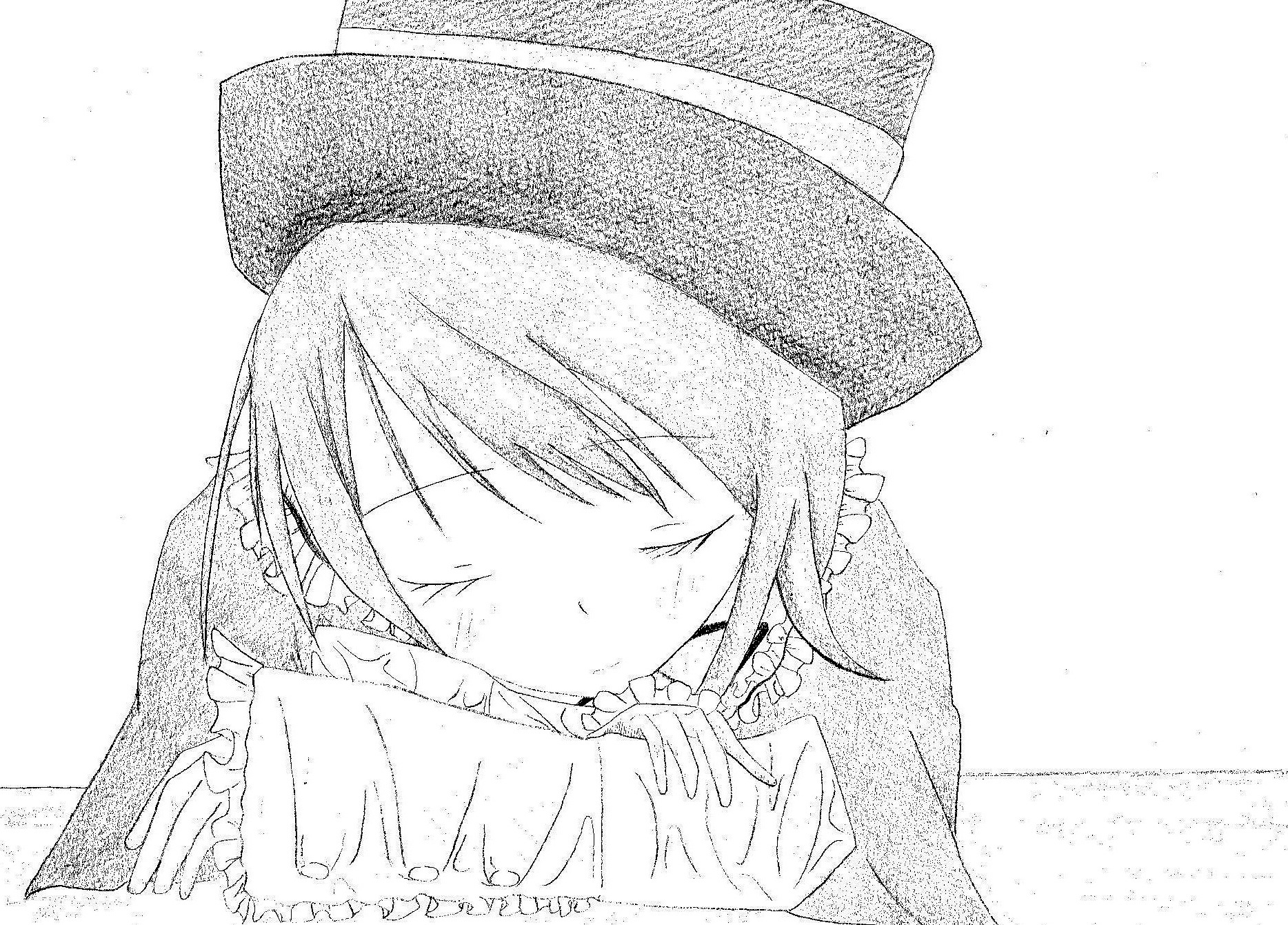 1girl blush closed_eyes frills greyscale hat image long_sleeves lying monochrome solo souseiseki