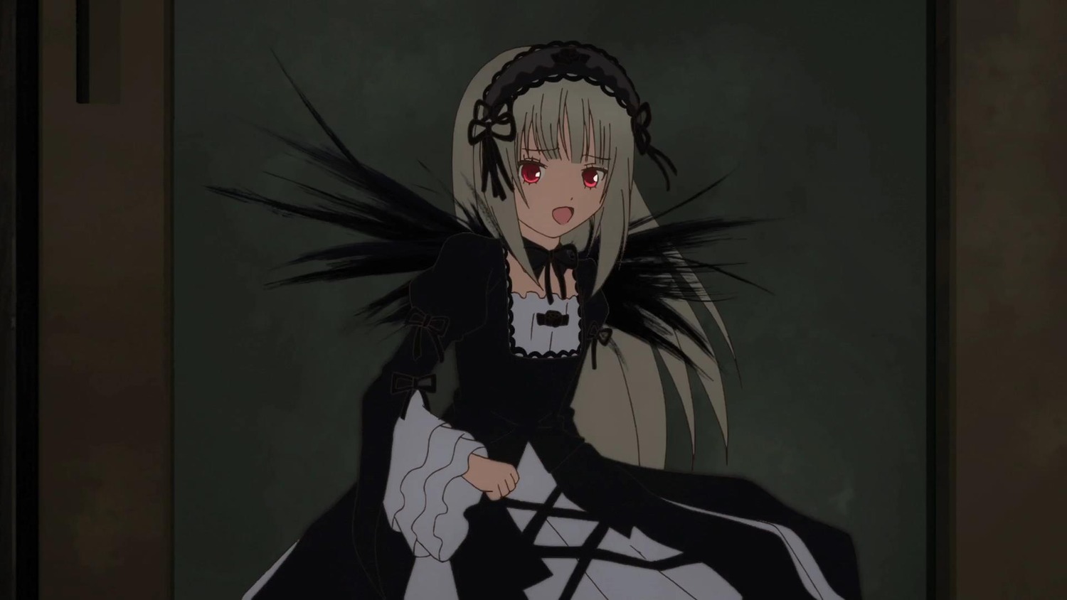 1girl :d black_dress black_wings dress frills hairband image juliet_sleeves long_hair long_sleeves looking_at_viewer open_mouth puffy_sleeves red_eyes ribbon silver_hair smile solo suigintou wide_sleeves wings