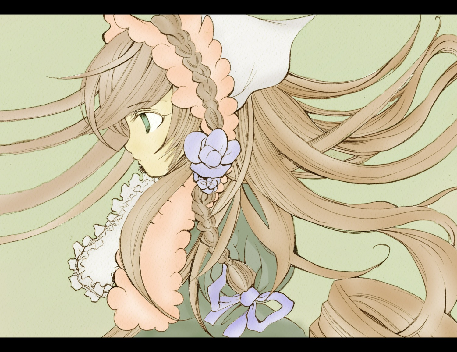 1girl border braid brown_hair flower frills from_side green_eyes hair_flower hair_ornament image letterboxed long_hair pillarboxed profile ribbon simple_background solo suiseiseki traditional_media very_long_hair