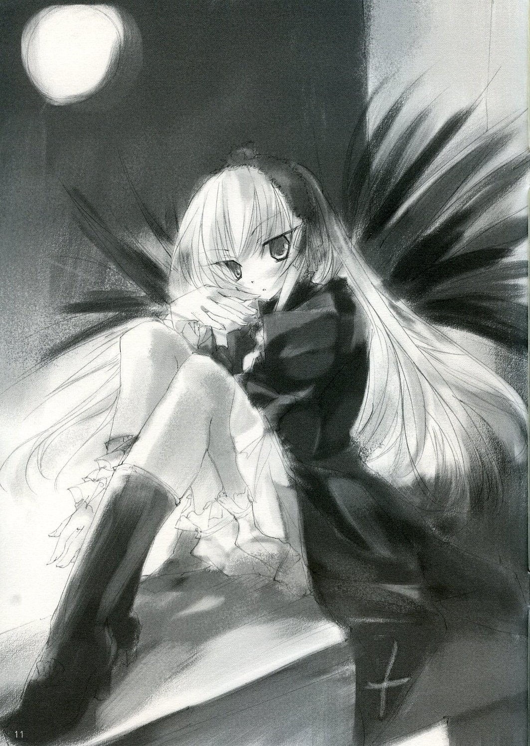 1girl dress full_moon greyscale image kneehighs long_hair long_sleeves monochrome moon night sitting sky solo suigintou traditional_media very_long_hair wings