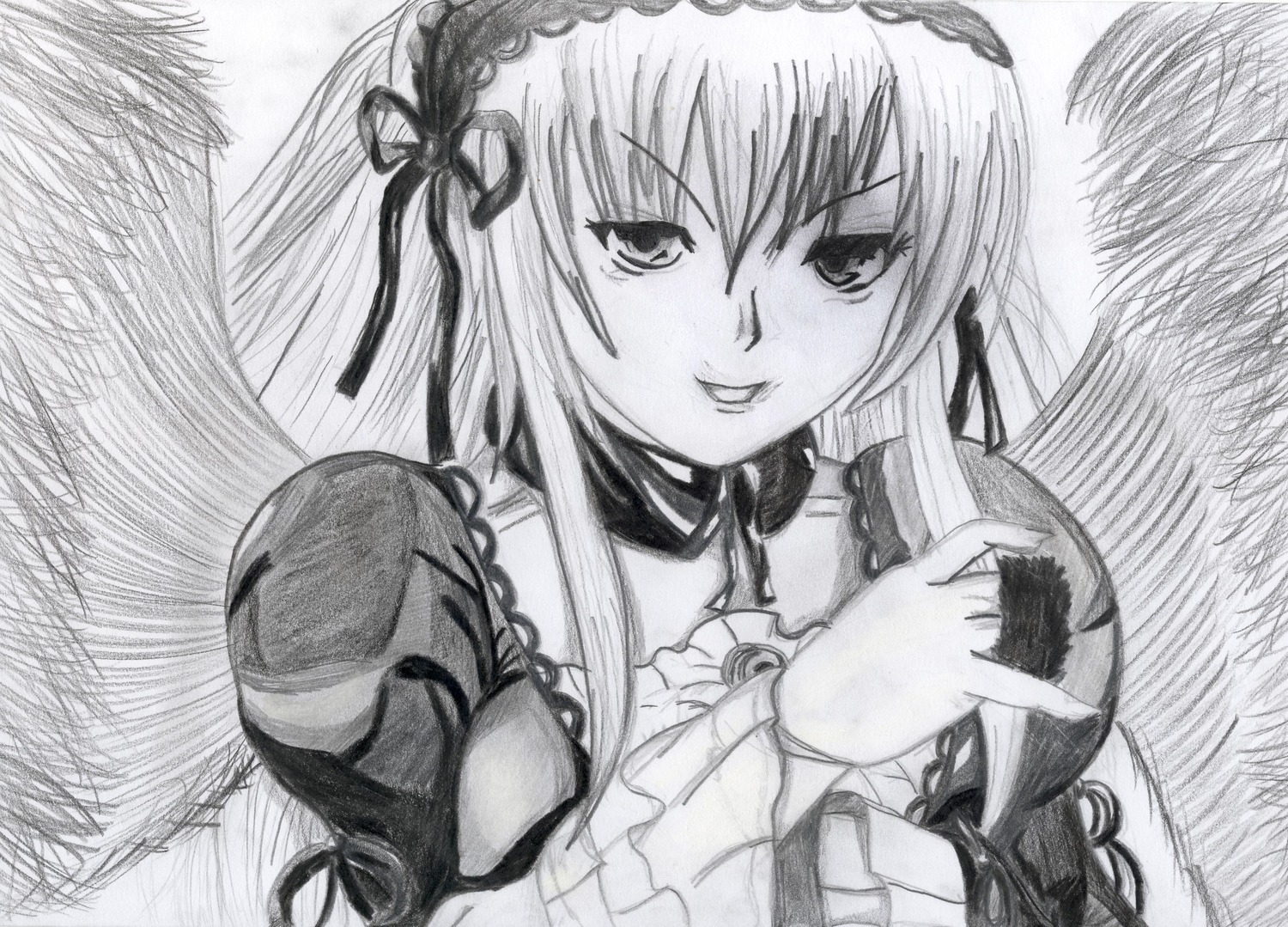 1girl black_wings detached_collar dress feathered_wings frills greyscale hairband image long_hair long_sleeves looking_at_viewer monochrome ribbon simple_background smile solo suigintou traditional_media upper_body wings