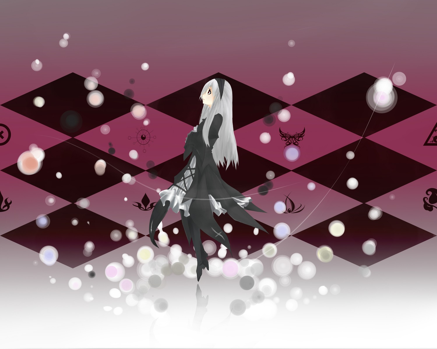 1girl argyle black_dress bokeh checkered checkered_background checkered_floor dress full_body image lens_flare long_hair red_eyes solo suigintou very_long_hair wings