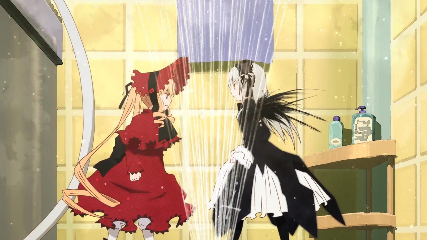 curtains dress image indoors long_hair pair ribbon shinku suigintou torn_clothes very_long_hair window wings