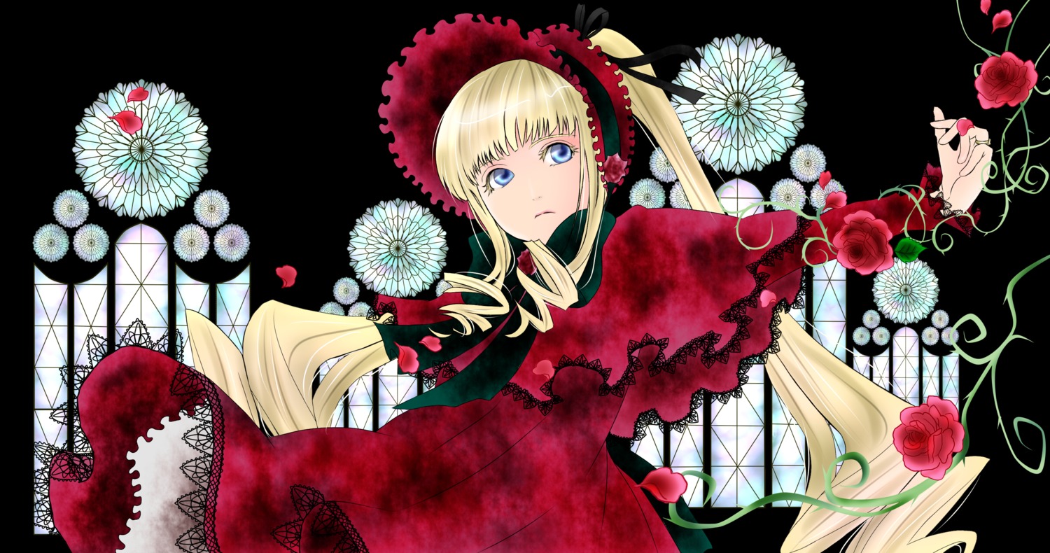 1girl blonde_hair blue_eyes bonnet dress drill_hair flower image long_hair looking_at_viewer red_capelet red_dress red_flower red_rose rose shinku solo twin_drills twintails very_long_hair