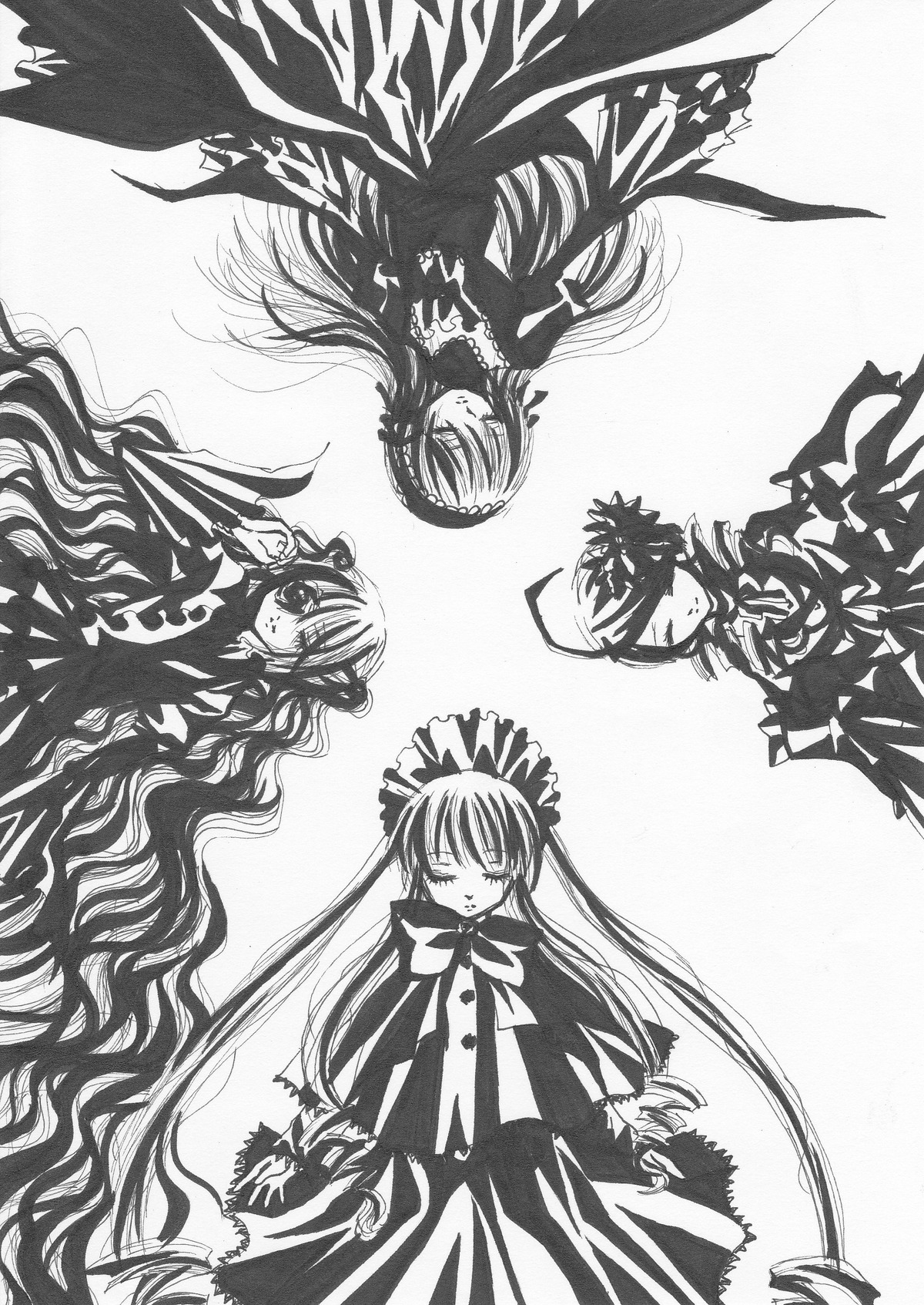 4girls black_wings bow closed_eyes dress flower greyscale hair_flower hairband image long_hair long_sleeves monochrome multiple multiple_girls shinku simple_background suigintou tagme very_long_hair white_background wings