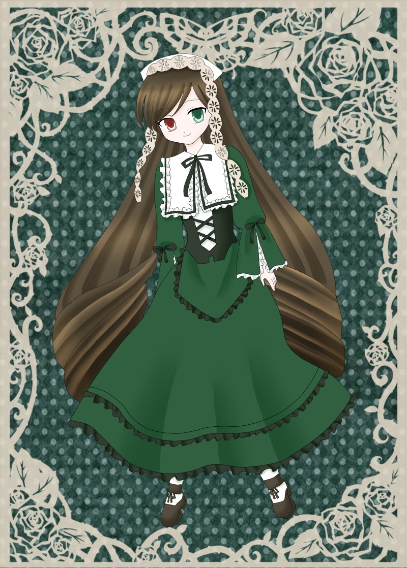 1girl brown_hair dress flower frills full_body green_dress green_eyes heterochromia image long_hair long_sleeves looking_at_viewer polka_dot polka_dot_background red_eyes rose shoes smile solo standing suiseiseki twin_drills very_long_hair white_legwear