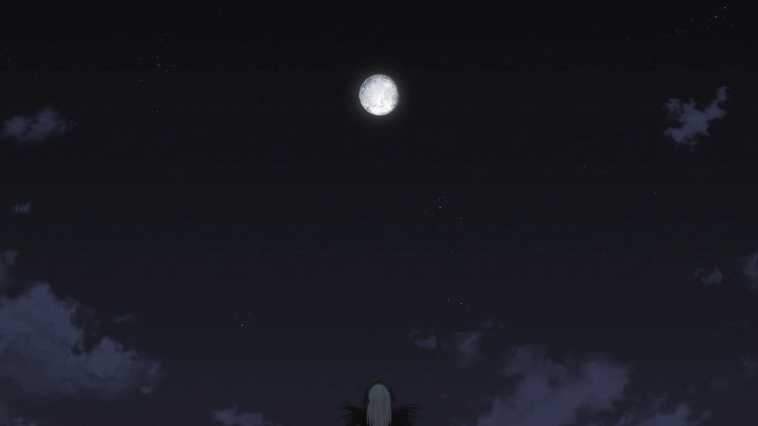 1girl cloud full_moon greyscale image monochrome moon night night_sky scenery sky solo star_(sky) suigintou