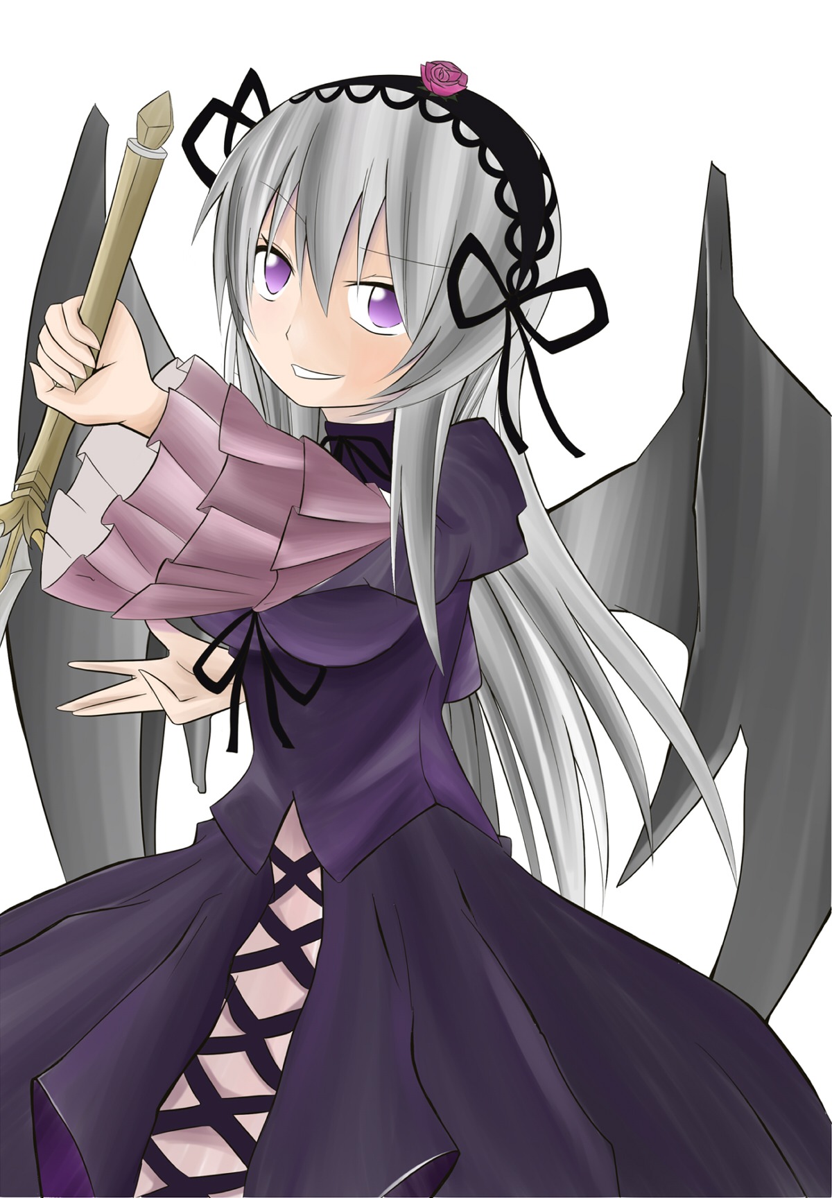 1girl black_wings dress flower gothic_lolita grin hairband image lolita_fashion lolita_hairband long_hair long_sleeves looking_at_viewer purple_eyes ribbon rose silver_hair simple_background smile solo suigintou white_background wings