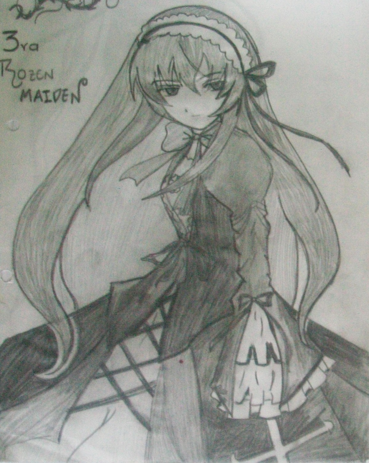 1girl dress frills hairband image long_hair long_sleeves looking_at_viewer monochrome solo suigintou traditional_media very_long_hair