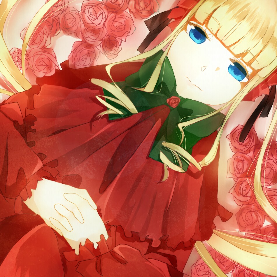 1girl auto_tagged blonde_hair blue_eyes dress drill_hair flower green_bow image long_hair looking_at_viewer orange_flower pink_flower pink_rose purple_rose red_capelet red_flower red_rose rose rose_petals shinku solo thorns white_rose yellow_flower yellow_rose