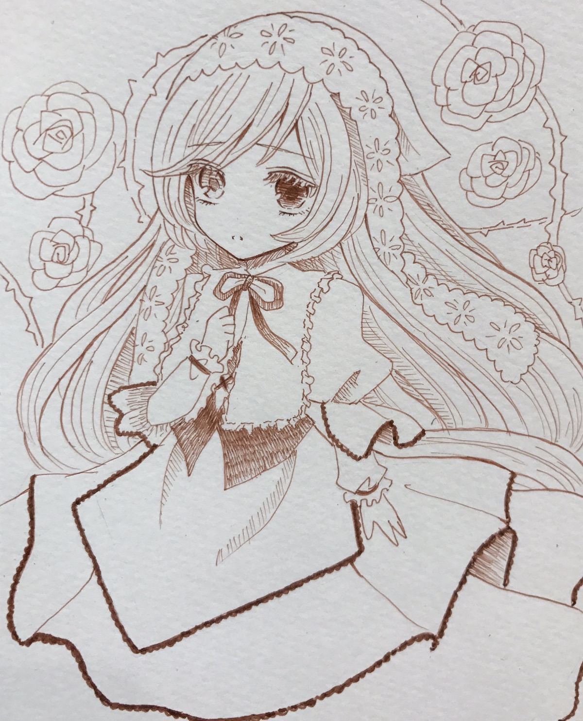 1girl bangs blush capelet dress eyebrows_visible_through_hair flower image long_hair long_sleeves looking_at_viewer monochrome rose solo suiseiseki traditional_media very_long_hair