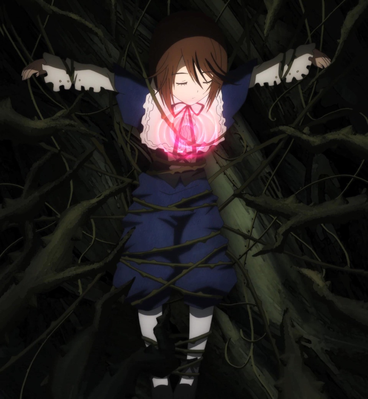 1girl blue_dress brown_hair closed_eyes dress image long_sleeves plant ribbon short_hair silk solo souseiseki spider_web vines