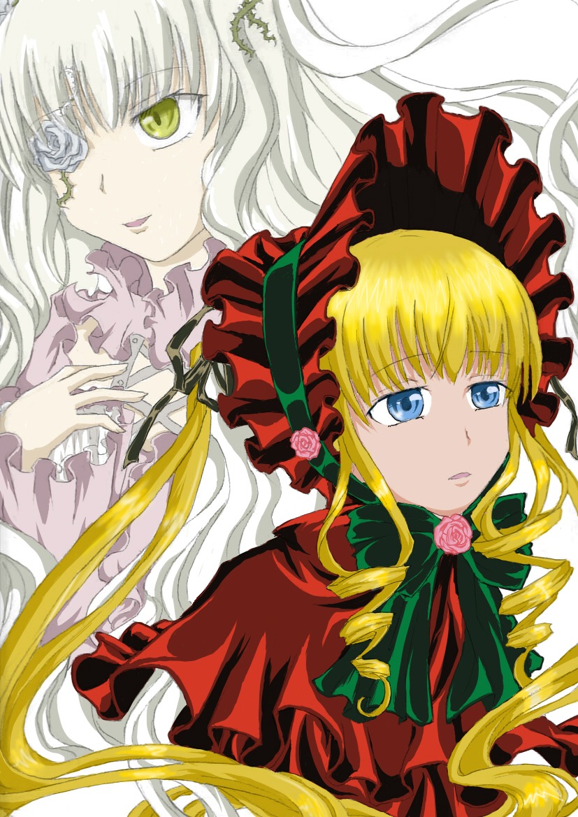 2girls blonde_hair blue_eyes bonnet bow dress drill_hair flower green_eyes hat image kirakishou long_hair looking_at_viewer multiple_girls pair rose shinku silver_hair yellow_eyes