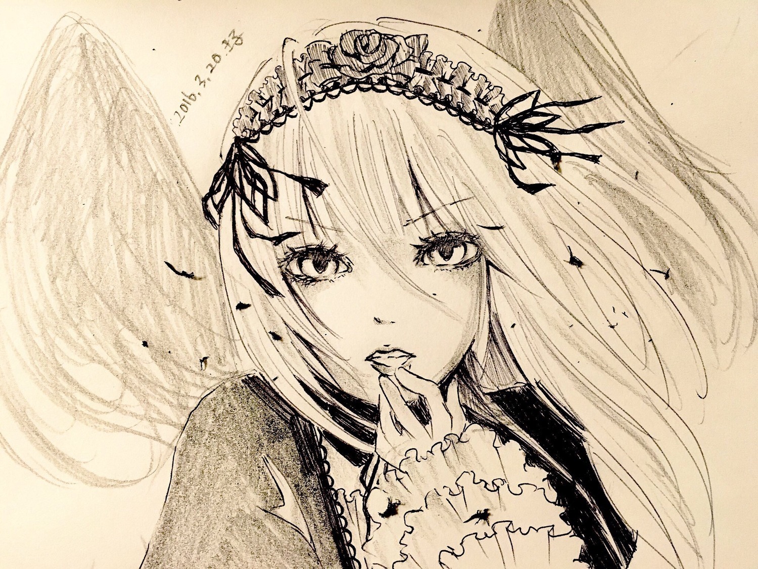 1girl bangs closed_mouth eyebrows_visible_through_hair feathered_wings feathers flower hair_ribbon hairband hand_up image long_hair long_sleeves looking_at_viewer monochrome parted_lips ribbon solo suigintou traditional_media upper_body wings