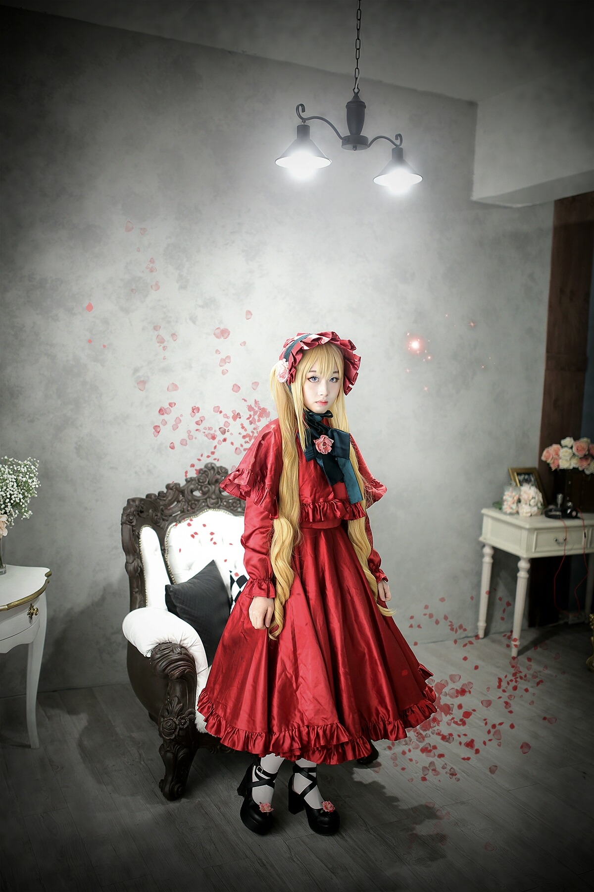 1girl blonde_hair blood blue_eyes doll dress flower red_dress shinku shoes solo stuffed_animal