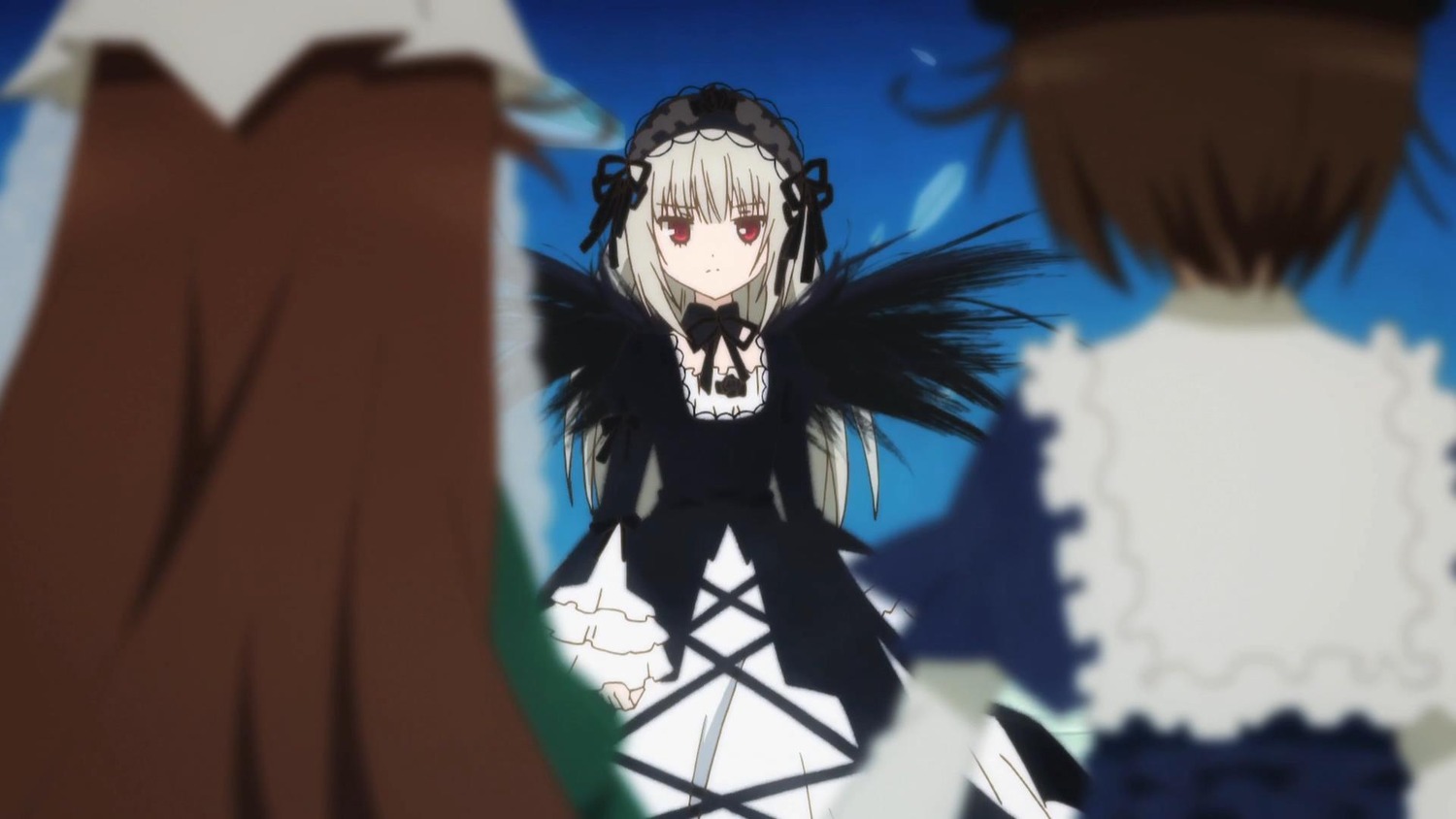 1boy 2girls black_dress black_wings blurry blurry_background blurry_foreground brown_hair depth_of_field dress frills gothic_lolita hairband image lolita_fashion lolita_hairband long_hair long_sleeves motion_blur multiple multiple_girls red_eyes ribbon silver_hair solo_focus suigintou tagme wings