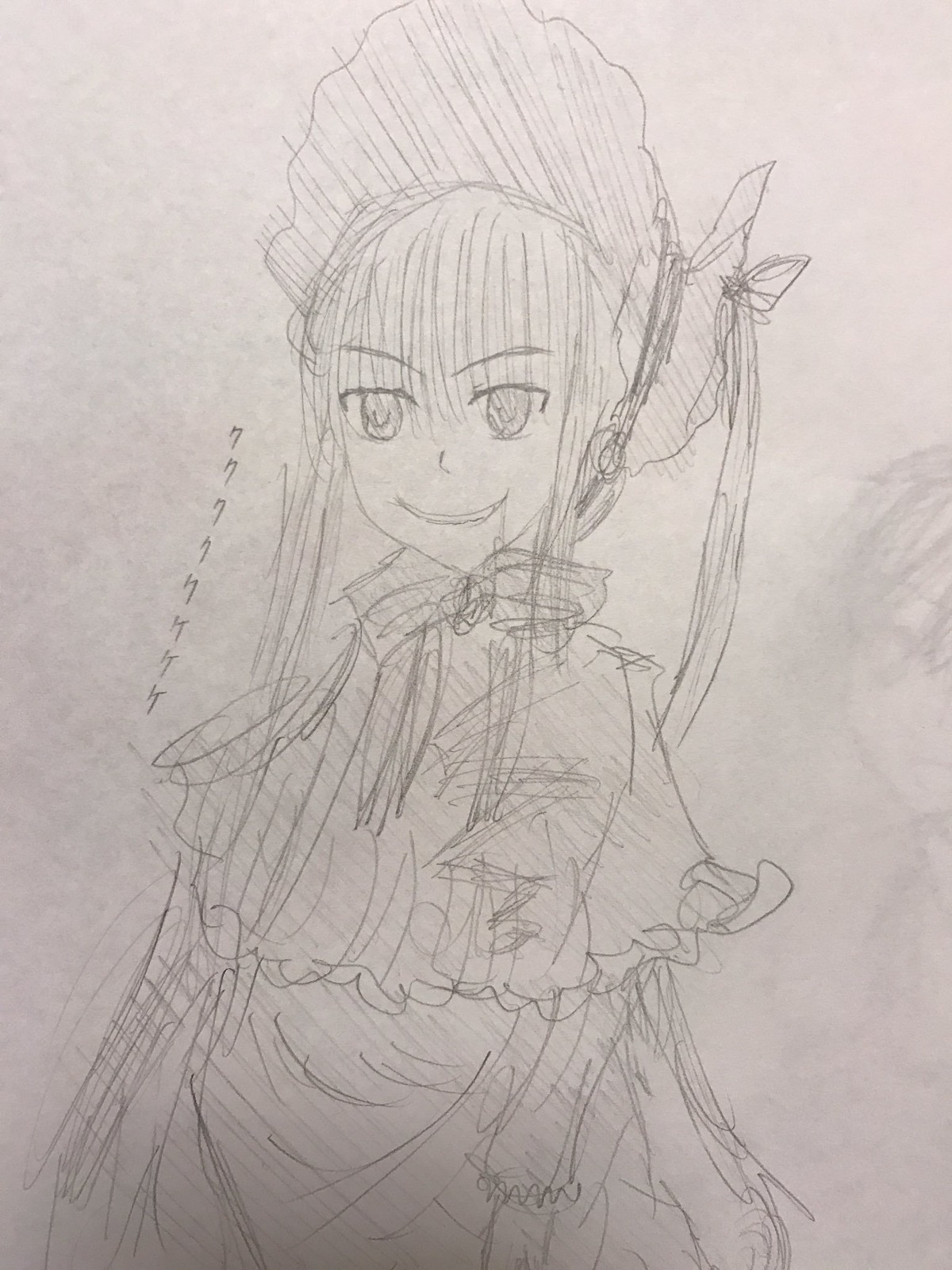 1girl bonnet dress frills image jewelry long_hair long_sleeves looking_at_viewer monochrome shinku simple_background sketch smile solo traditional_media twintails