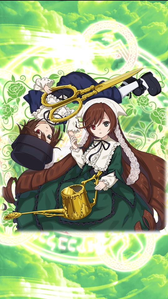 2girls brown_hair dress green_dress green_eyes hat heterochromia image long_hair long_sleeves looking_at_viewer multiple_girls pair red_eyes short_hair siblings sisters souseiseki suiseiseki top_hat twins very_long_hair watering_can