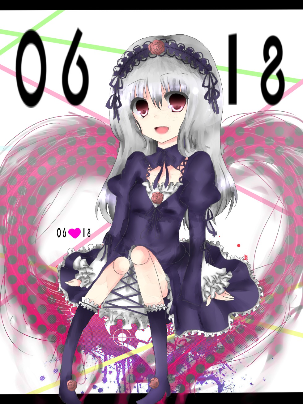 1girl :d black_dress black_legwear detached_collar dress flower frills full_body hairband image juliet_sleeves letterboxed long_hair long_sleeves looking_at_viewer open_mouth puffy_sleeves red_eyes silver_hair sitting smile solo suigintou wings