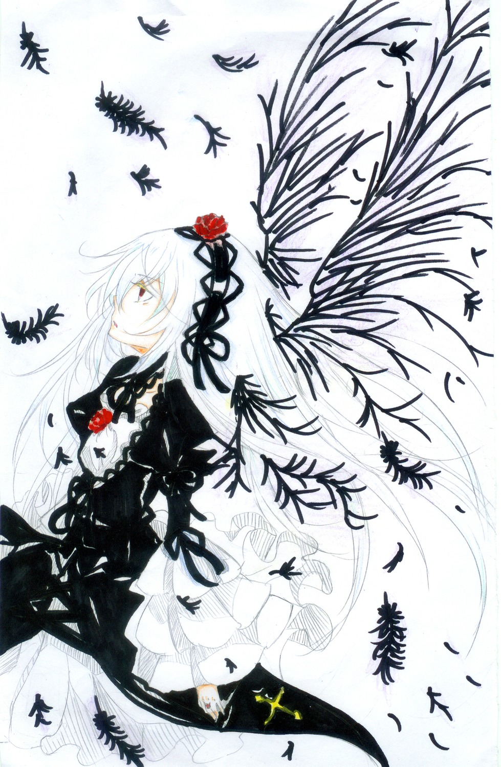 1girl bug butterfly dress feathers flower frills hairband image insect long_hair red_eyes rose solo suigintou very_long_hair wings