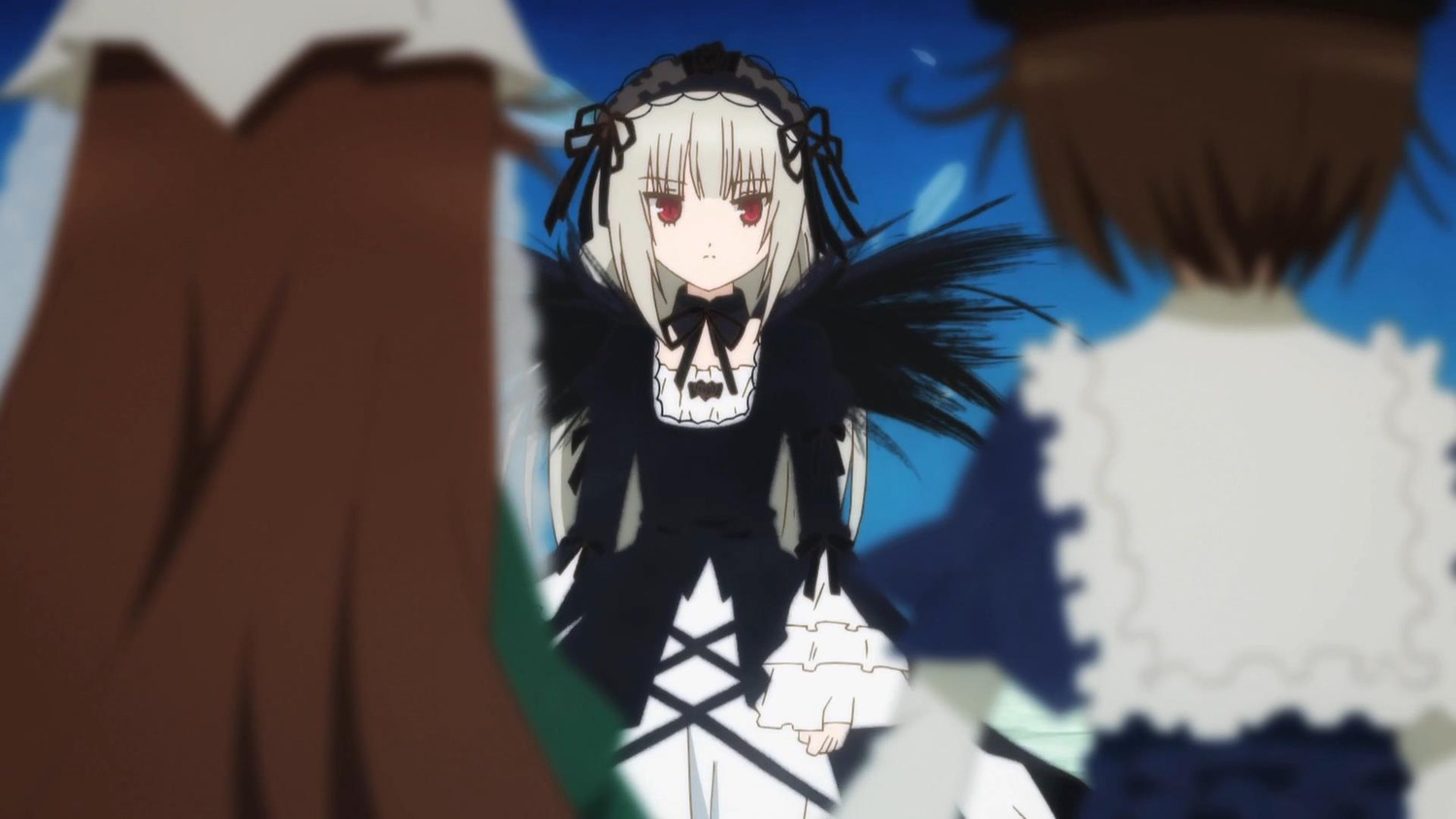1boy 1girl black_dress black_wings blurry blurry_background blurry_foreground brown_hair depth_of_field dress frills gothic_lolita hairband image lolita_fashion lolita_hairband long_sleeves motion_blur multiple red_eyes ribbon silver_hair suigintou tagme wings
