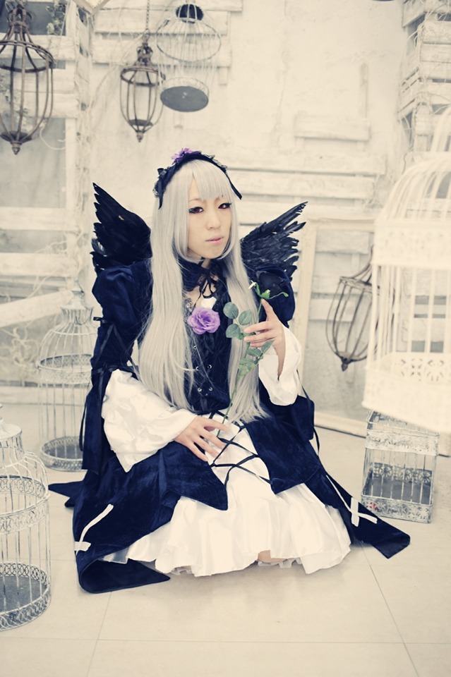 1girl bird cage crow dress feathers flower frills lips long_hair long_sleeves sitting solo suigintou wings