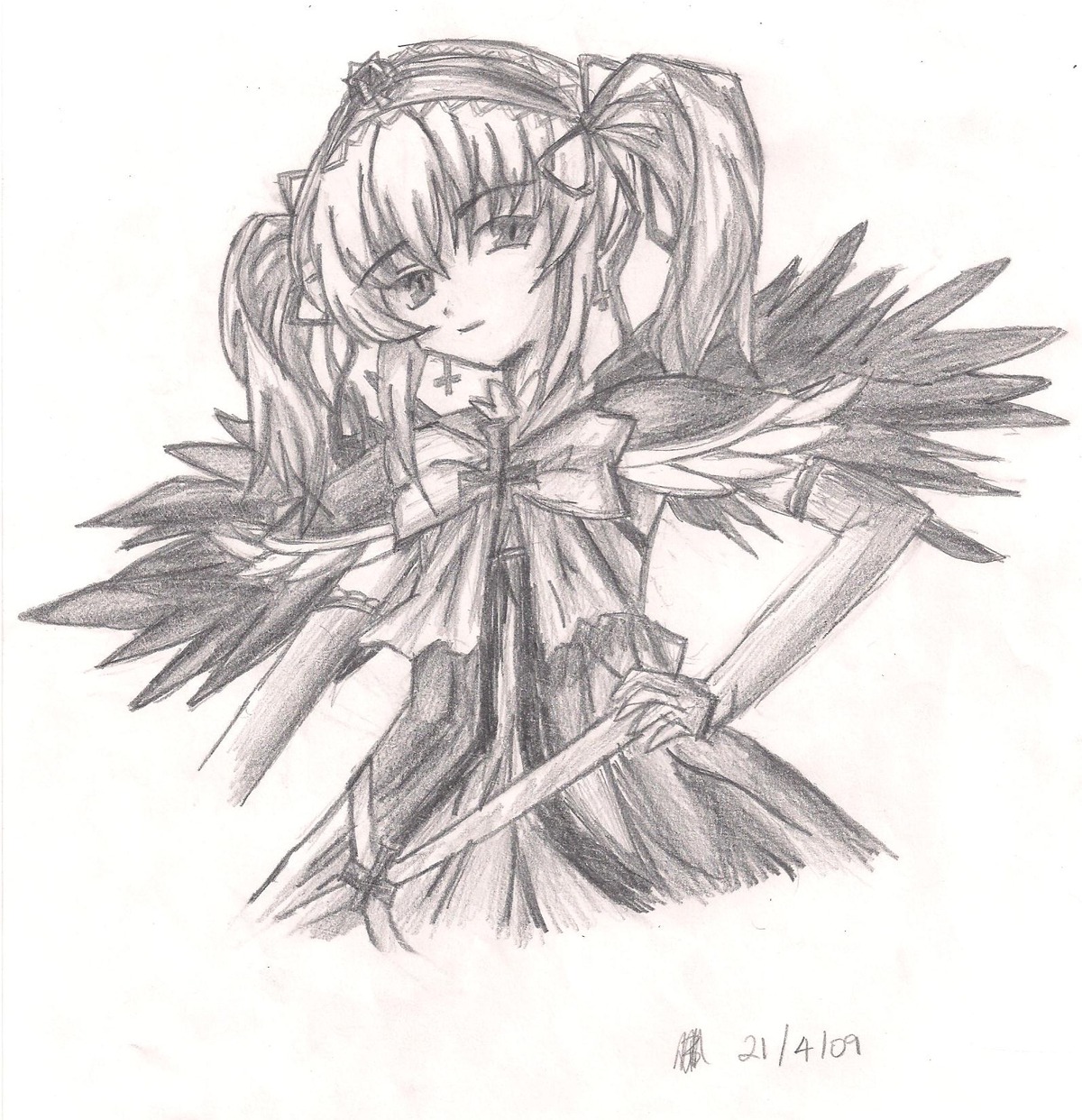 1girl dress elbow_gloves feathered_wings graphite_(medium) hair_ribbon image long_hair monochrome ribbon simple_background solo striped suigintou traditional_media white_background