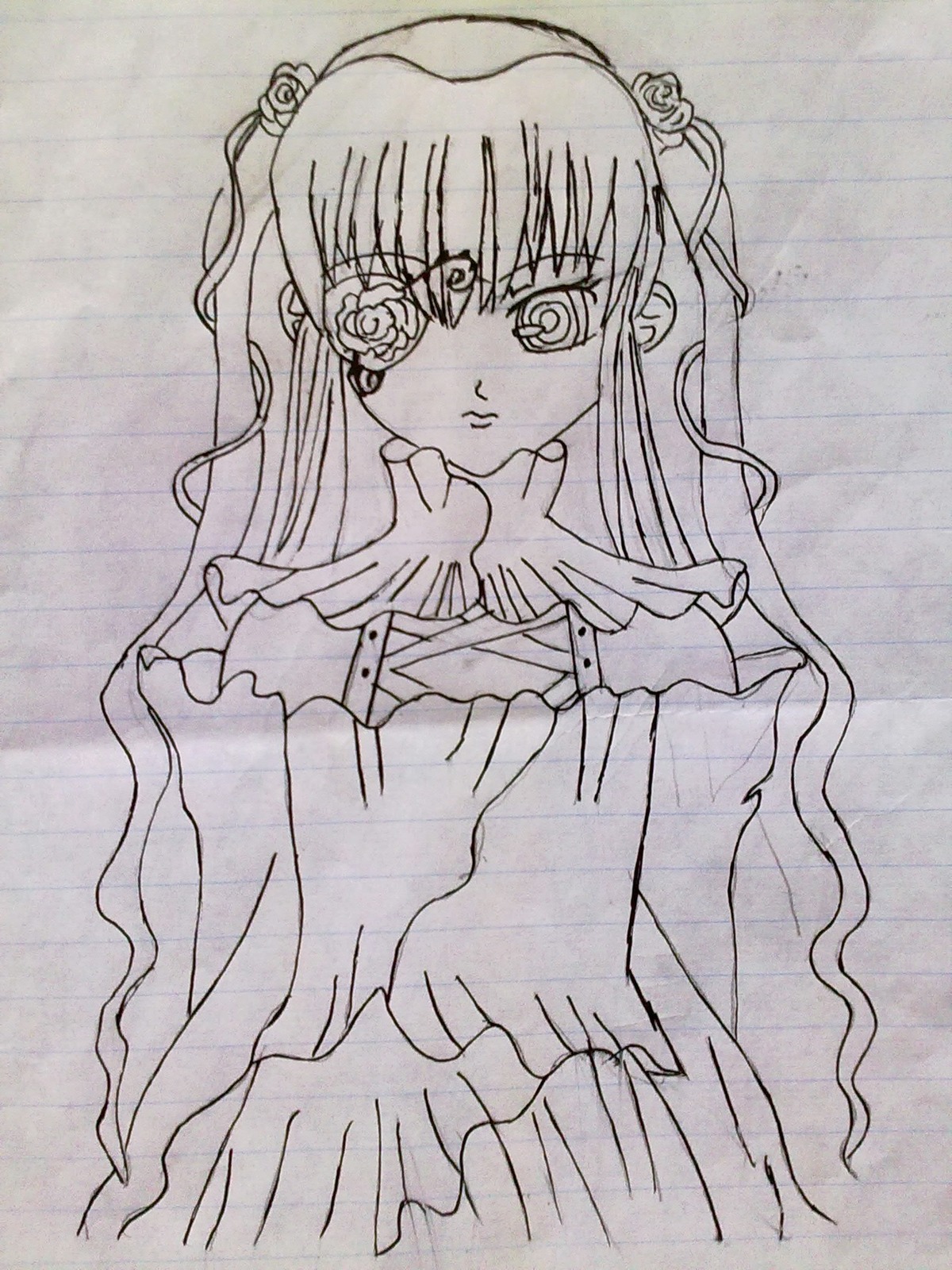 1girl dress eyepatch flower frills greyscale image kirakishou long_hair long_sleeves looking_at_viewer monochrome ribbon rose solo suigintou traditional_media two_side_up upper_body