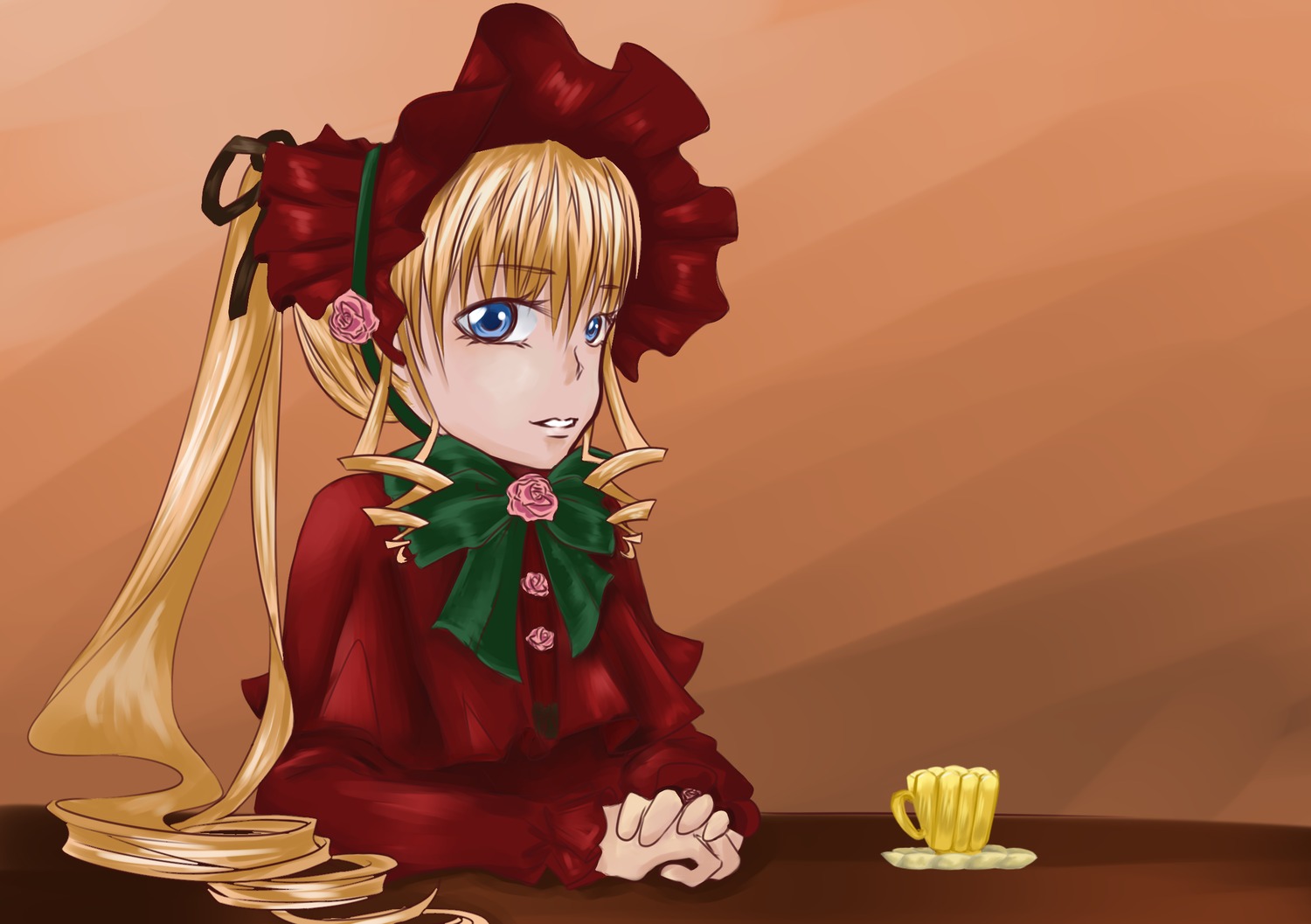 1girl blonde_hair blue_eyes bonnet bow bowtie cup dress flower green_bow image long_hair long_sleeves looking_at_viewer red_capelet red_dress rose shinku solo table teacup twintails