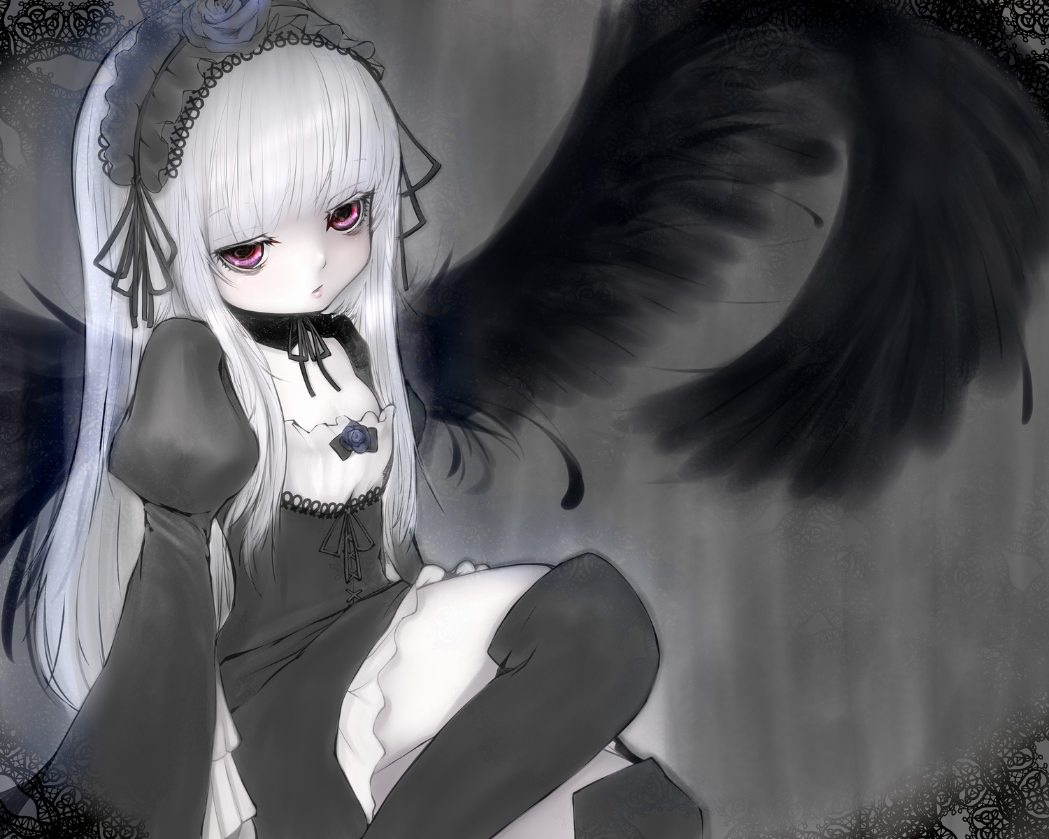 1girl black_wings boots cross detached_collar dress frills gothic_lolita hairband image juliet_sleeves lolita_fashion lolita_hairband long_hair long_sleeves looking_at_viewer pale_skin pink_eyes puffy_sleeves ribbon rose sitting solo suigintou very_long_hair wings