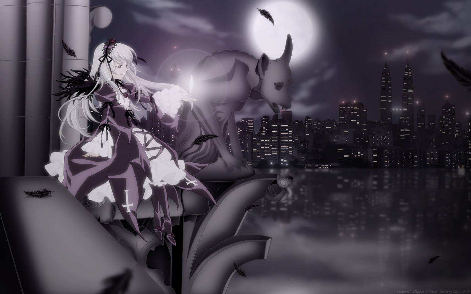 1girl bird dress feathers full_moon hat image long_hair moon night sky solo suigintou very_long_hair